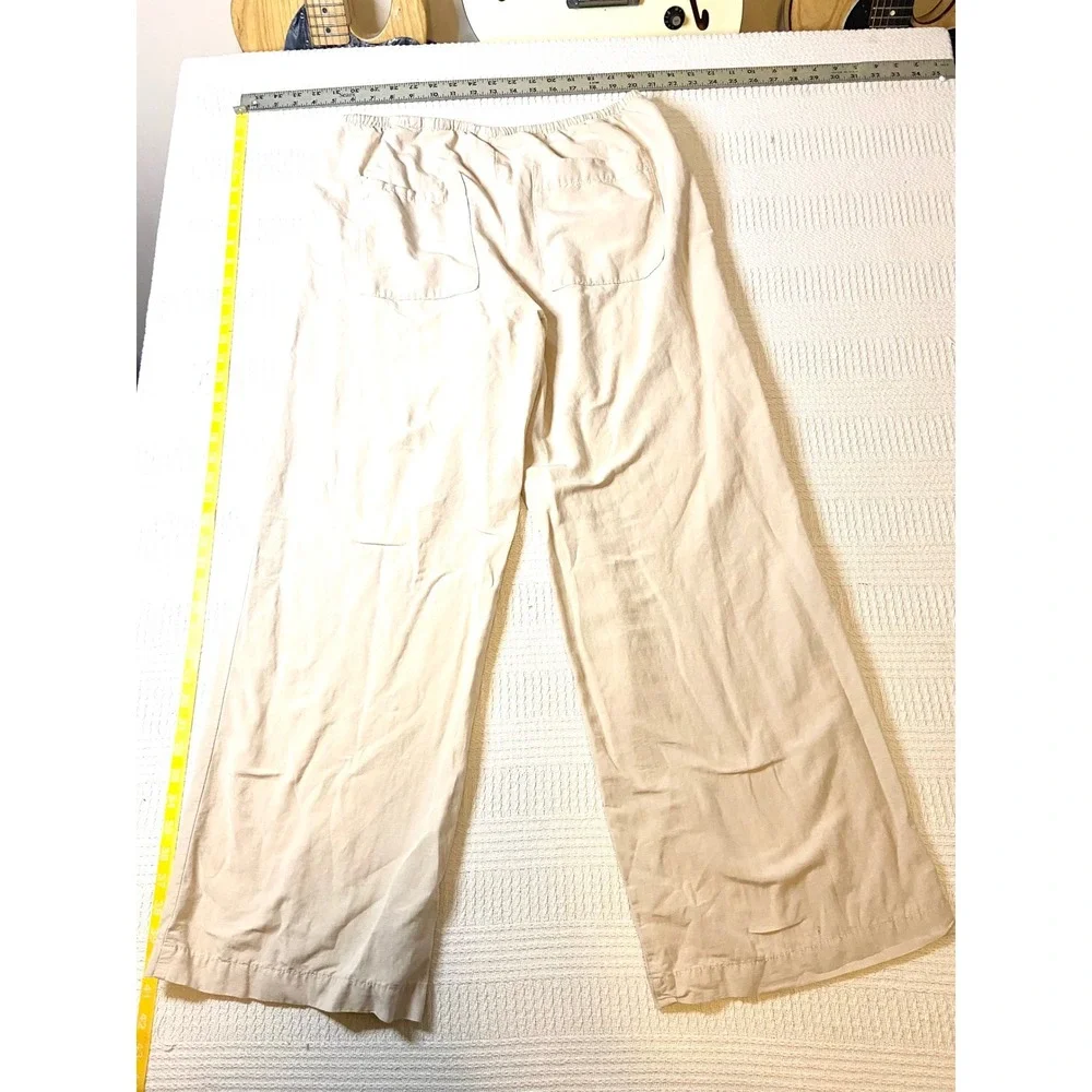 HM Linen Blend Wide Leg Pants Beige Tan Elastic Waist Drawstring Womens Large